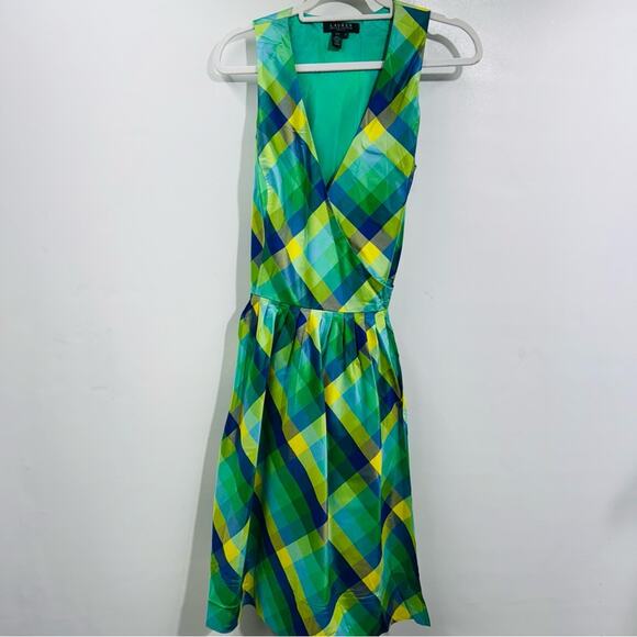 Lauren Ralph Lauren Silk Dress Blue Green Print Sleeveless Midi Size 12 -  eharrisgallery.com
